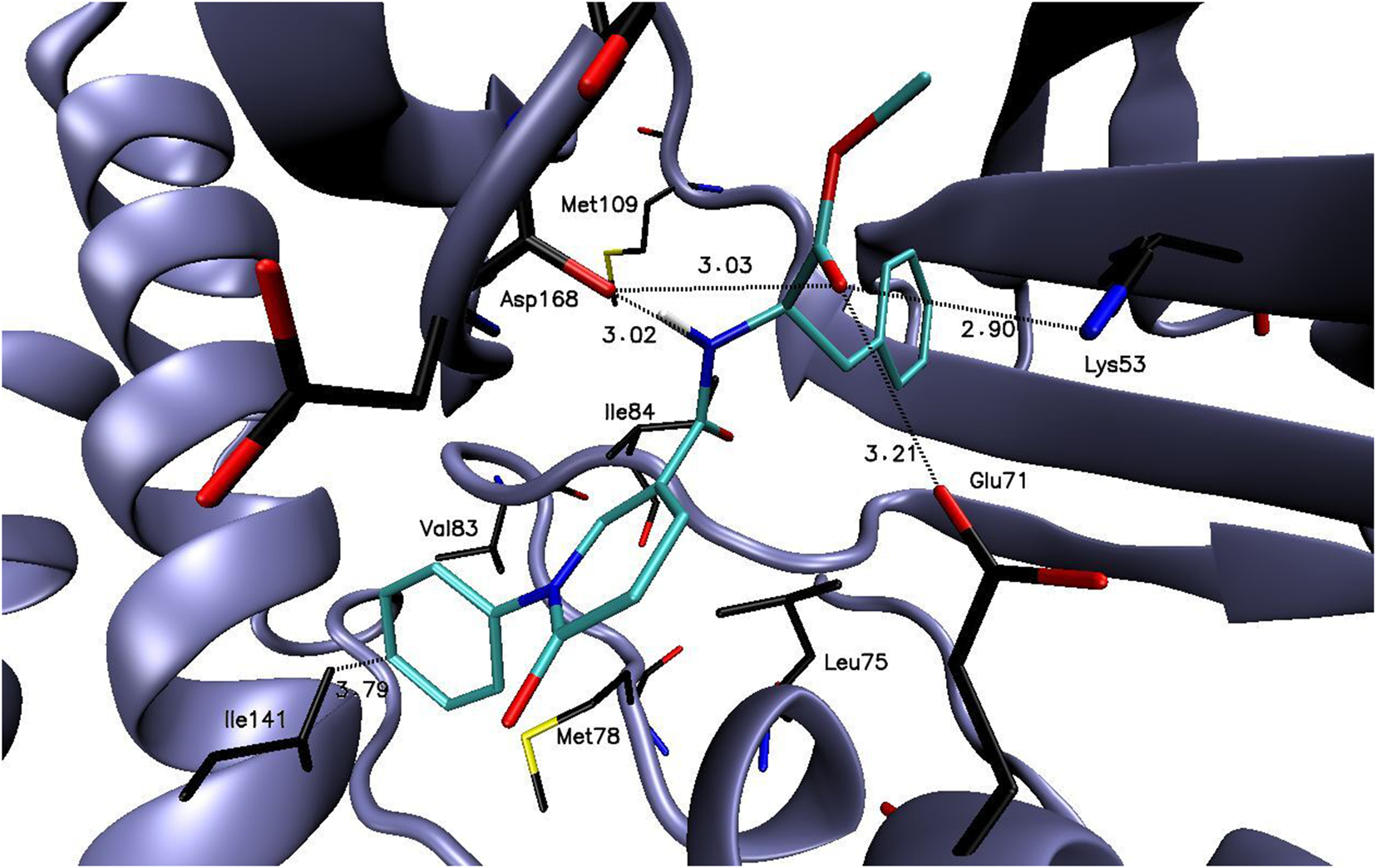 Molecular structure depicting a complex network of proteins and amino acids, including Met109, Asp168, Ile84, Val83, Lys53, and Glu71. Various bonds and distances are labeled, showcasing interactions within the structure.