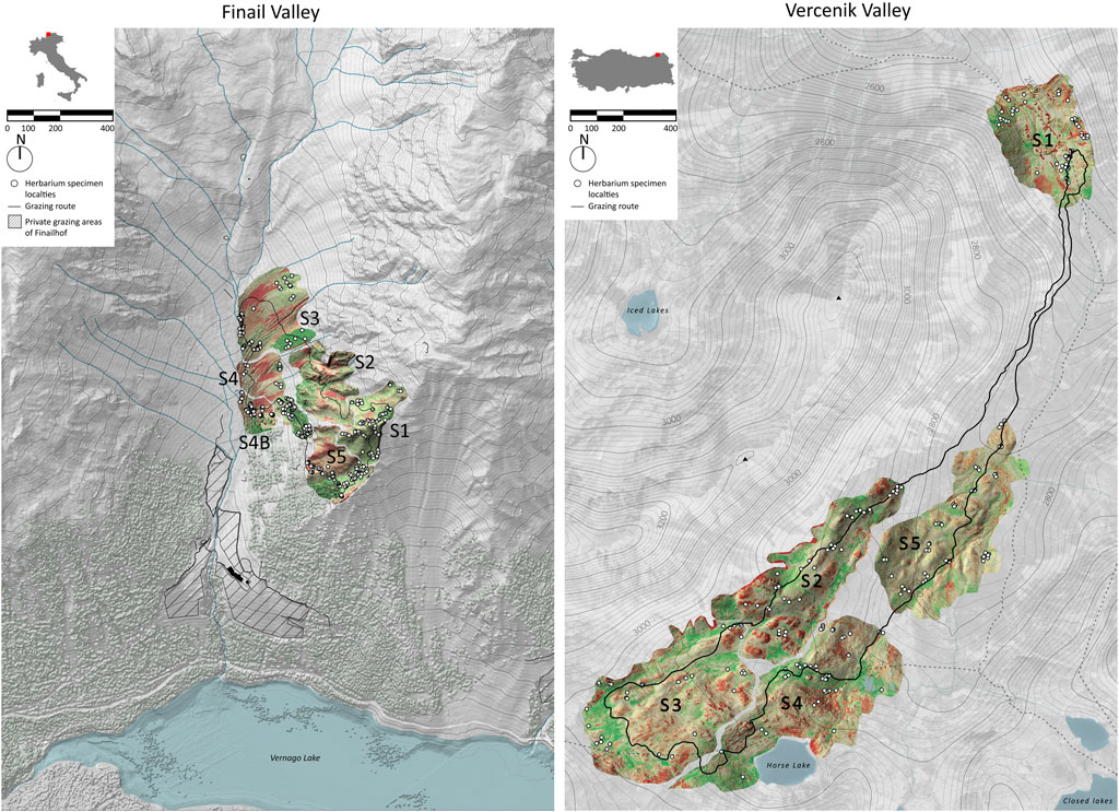 Topographical map showing Finail Valley and Vercenik Valley. Both sides include markers for herbarium specimen localities, grazing routes, and private grazing areas. Sections are labeled S1 to S5, with detailed terrain features and lake names like Vernago Lake in Finail Valley and Iced Lakes in Vercenik Valley. A scale bar and location inset maps are included.