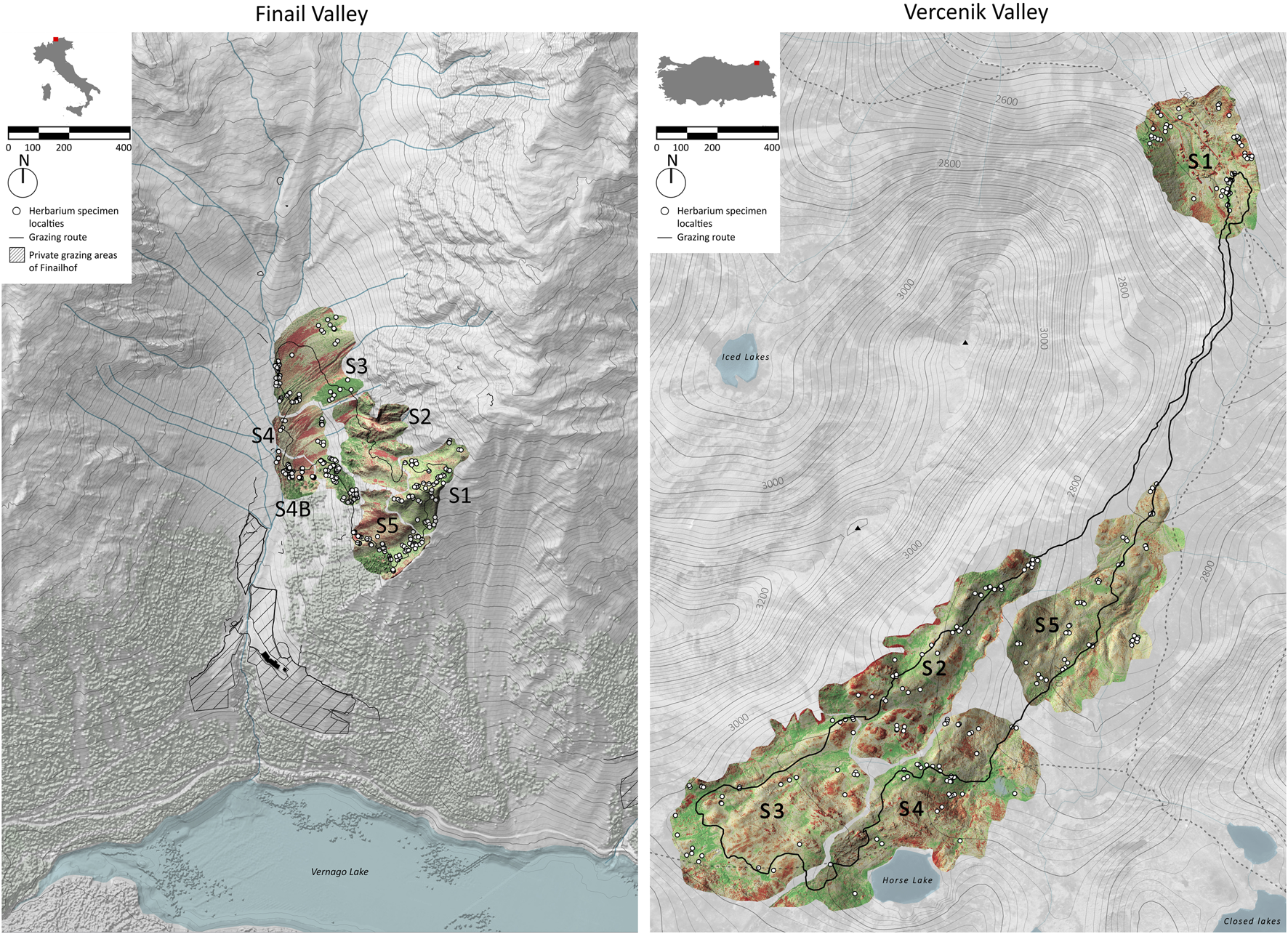 Topographical map showing Finail Valley and Vercenik Valley. Both sides include markers for herbarium specimen localities, grazing routes, and private grazing areas. Sections are labeled S1 to S5, with detailed terrain features and lake names like Vernago Lake in Finail Valley and Iced Lakes in Vercenik Valley. A scale bar and location inset maps are included.