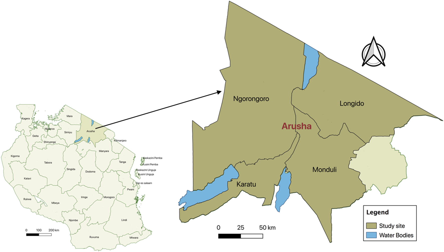 Map of Tanzania highlighting the Arusha region. An inset map focuses on Arusha, showing districts including Ngorongoro, Longido, Karatu, and Monduli. Water bodies are marked in blue. The legend indicates study sites and water bodies.