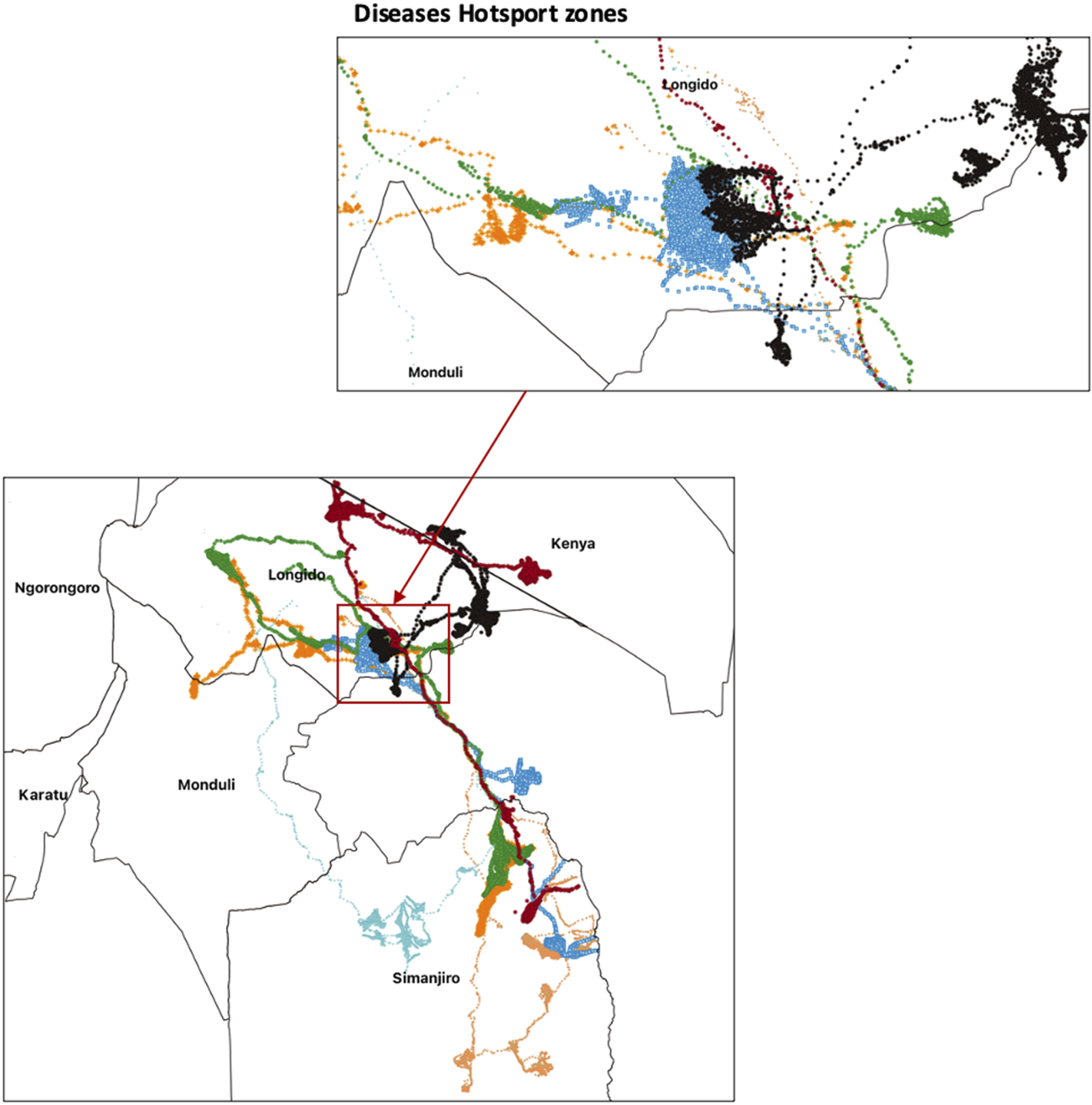 Map highlighting disease hotspots with colored zones indicating different regions. The inset focuses on areas around Longido and Monduli, showing clusters of colored dots. Countries and regions such as Kenya, Ngorongoro, and Simanjiro are labeled. The map uses red lines to connect the inset with the main map, emphasizing hotspot zones.