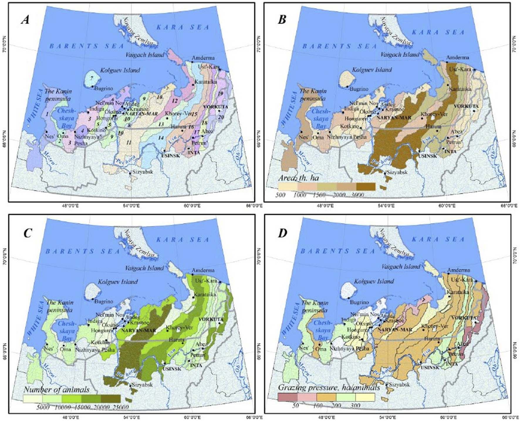 Four maps labeled A, B, C, and D depict different geographical and statistical information about a region near the Barents and Kara Seas. Map A shows various colored zones labeled with numbers. Map B uses shades of brown to indicate areas in hectares, shown on a gradient scale. Map C highlights areas in green with a gradient scale indicating animal numbers. Map D uses a multicolor gradient to represent grazing pressure, labeled as ha/animals. Each map features geographic landmarks such as Kolguyev Island and locations like Vorkuta and Pechora.