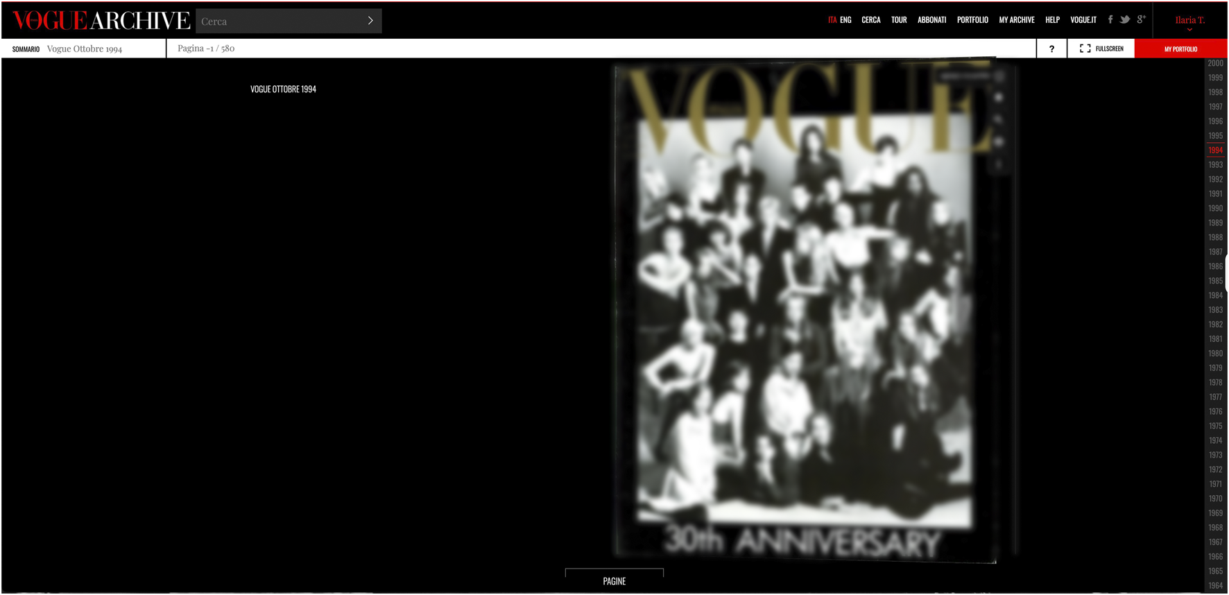 Black and white cover of Vogue Italia's October 1994 issue featuring a group of models posing together. The words "30th ANNIVERSARY" are at the bottom.