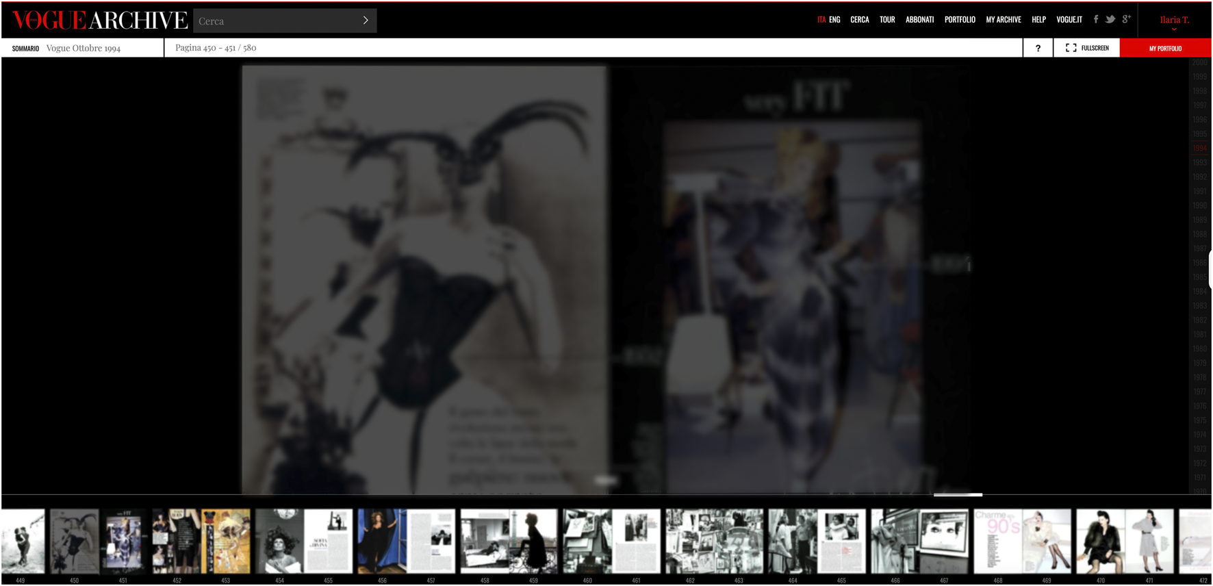 Fashion magazine spread from Vogue October 1994 showing two images. On the left, a black-and-white photo of a model wearing a strapless corset with a feathered mask, styled to evoke a vintage 1952 look. On the right, a color photo of a model in a fitted plaid outfit with accentuated shoulders, reminiscent of 1994 fashion trends.