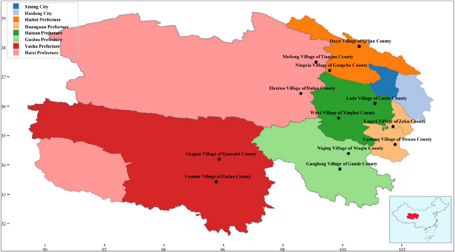 Map of regions in a province, color-coded by administrative divisions including Xining City, Haidong City, and several prefectures. Notable villages are marked, and a small inset map shows the province's location within China.