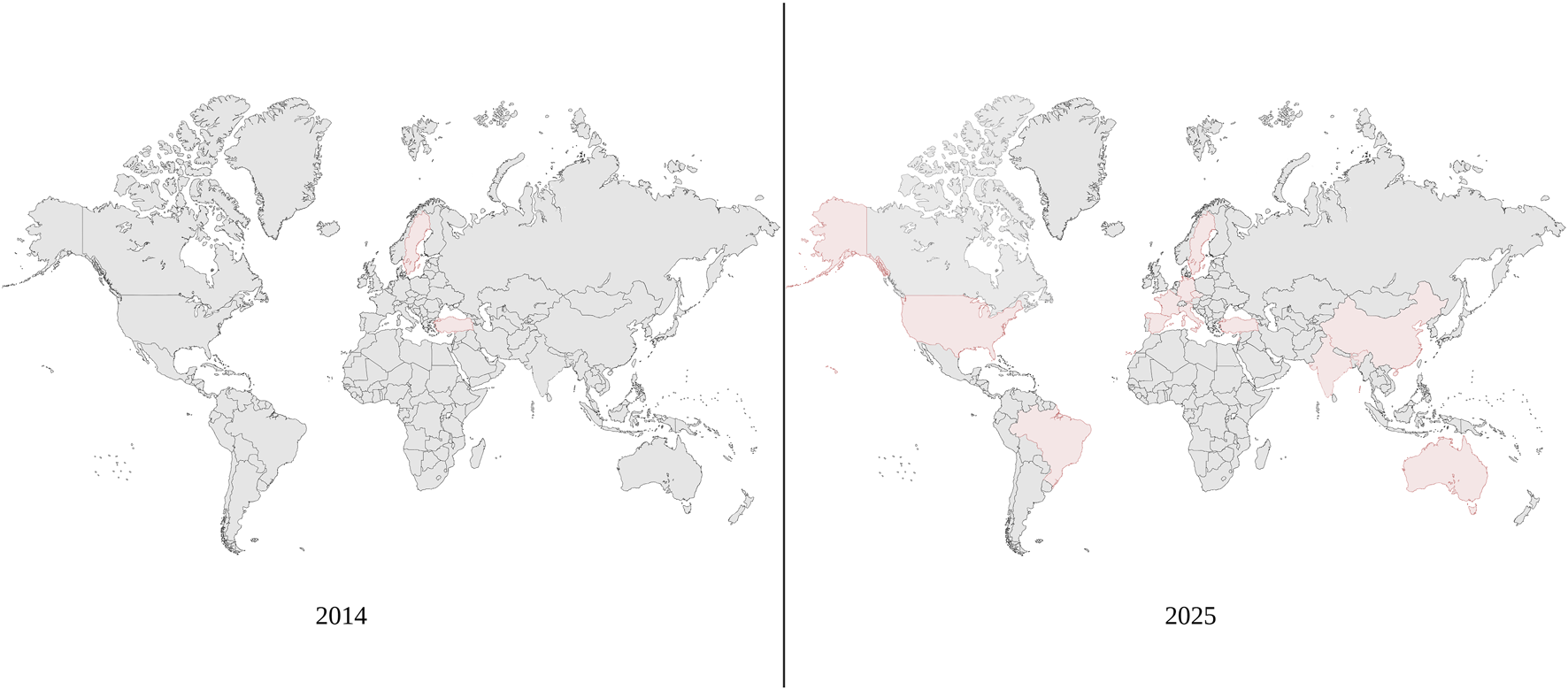 Two world maps comparing years 2014 and 2025. In 2014, a few regions are highlighted in pink, primarily in Europe. By 2025, the highlighted regions expand significantly to include parts of North America, South America, Asia, and Australia.
