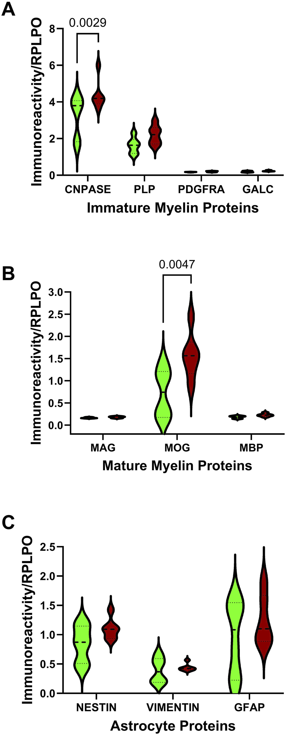 This figure shows that brains from humans with alcohol use disorder have significant abnormalities in glial cell protein expression compared with normal brains. The notable increases in CNPase and MOG indicate that the function of oligodendrocytes is impaired. Importantly, these abnormalities in oligodendrocyte function correspond with the loss of myelin in alcoholic brains and contribute to declines in cognitive and motor behaviors. The Green symbols represent normal controls, and the Brown symbols represent alcohol use disorder subjects. Significant differences are shown within the panels. See STable 1 for abbreviations.