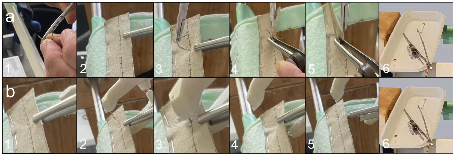 Panel a1 to a6 shows a sequence of surgical stapling on fabric with a tool and staples. Panel b1 to b6 depicts a similar process using a different type of stapling instrument on fabric. Both sets conclude with the instruments in a surgical tray.