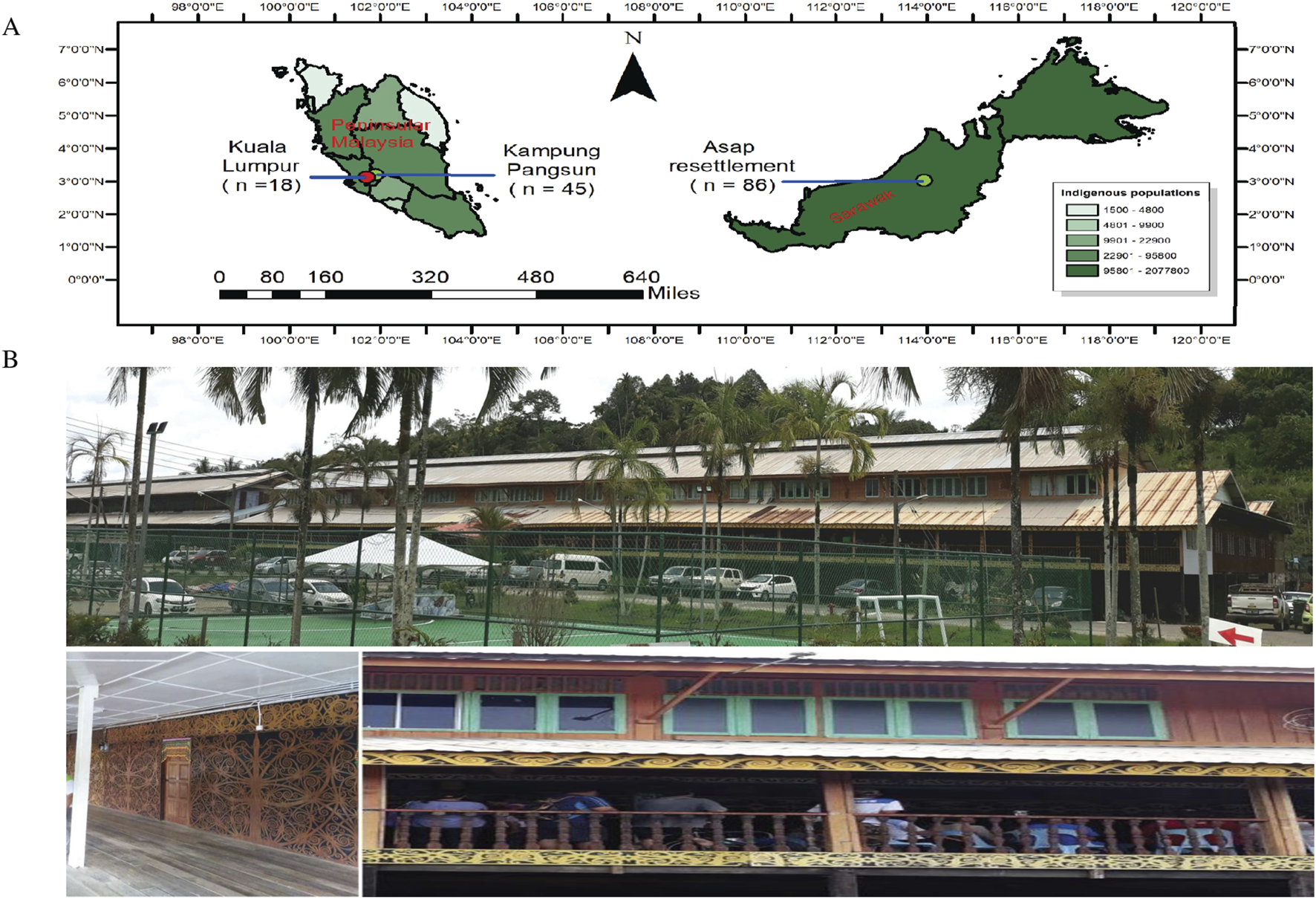 Map and images depict indigenous populations in Malaysia. Panel A shows a map with three locations: Kuala Lumpur, Kampung Pangsun, and Asap resettlement, with respective population numbers. Panel B includes three photos: a large building surrounded by palm trees and cars, an interior wall with intricate carvings, and a building facade with people on a balcony.