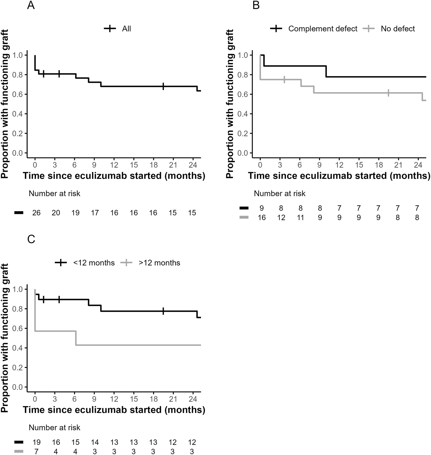 Kaplan-Meier survival plots depicting the proportion of functioning grafts over time since eculizumab initiation. Panel A shows data for all patients. Panel B compares patients with complement defects to those without. Panel C contrasts patients who started treatment before and after twelve months. Each panel includes the number at risk beneath the plots.