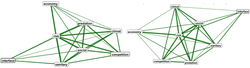 Network diagrams display relationships between concepts like economy, risk, climate, competition, predation, interface, sanitary, and social. Lines of varying thickness indicate the strength of connections, with thicker lines representing stronger relationships.