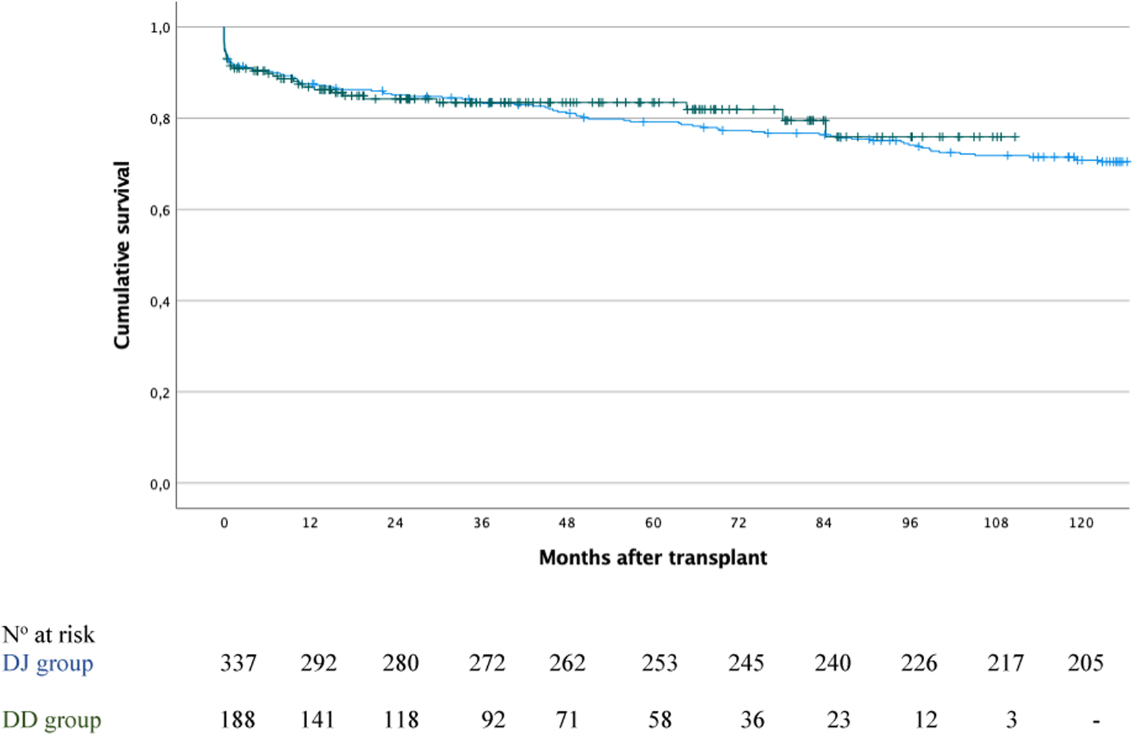 Line graph illustrating graft cumulative survival over 120 months following pancreas transplantation. Two lines represent the standard duodenojejunostomy (blue) and the alternative duodenoduodenostomy (green) exocrine drainage techniques, with cumulative survival showing a slight decline over time. The x-axis displays time in months, ranging from 0 to 120, and the y-axis represents cumulative survival, from 0 to 1.
