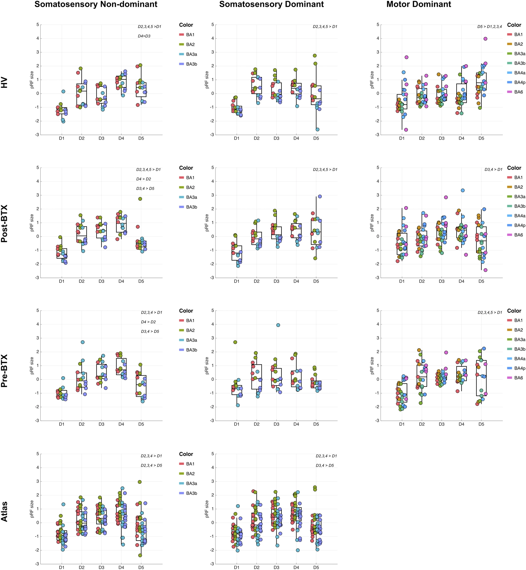 Grid of twelve box plots shows pRF sizes for different digits across HV, Post-BTX, Pre-BTX, and Atlas groups, divided into somatosensory non-dominant, somatosensory dominant, and motor dominant conditions. Colored points represent cortical areas, and statistical comparisons are labeled above relevant plots.