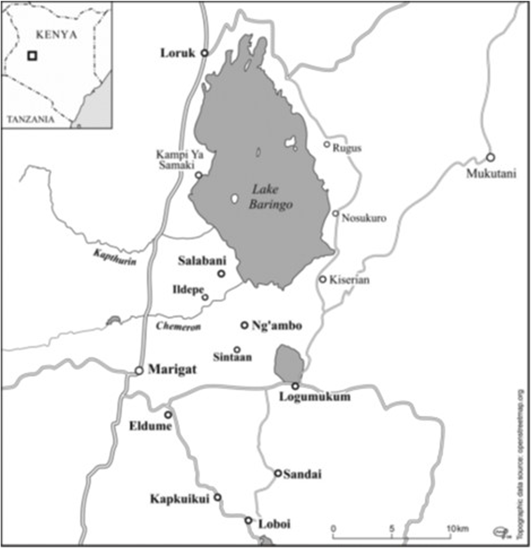 Map showing Lake Baringo in Kenya, surrounded by various settlements including Loruk, Kampi Ya Samaki, Salabani, and Marigat. An inset shows the location of the area within Kenya.