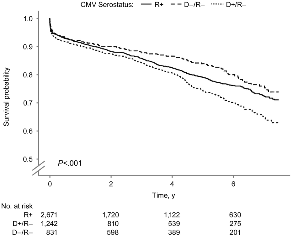 Kaplan-Meier survival curves show survival probabilities over time in years for different CMV serostatus groups: R+ (solid line), D−/R− (dashed line), and D+/R− (dotted line). The graph indicates statistically significant differences with P < .001. The table below indicates the number at risk for each group at different time points. D-/R- has the best survival.