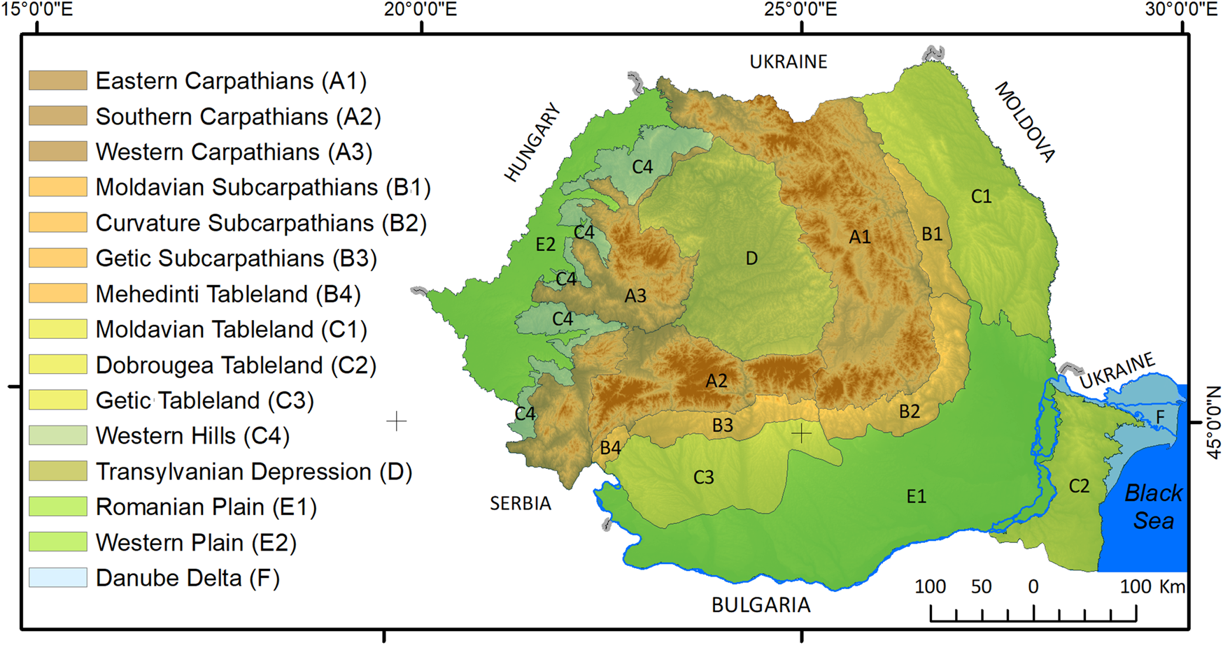 Map of Romania displaying various geographic regions with a color-coded legend. Regions include the Eastern, Southern, and Western Carpathians, Moldavian and Getic Subcarpathians, and Mehedinti Tableland, among others. Surrounding countries are indicated: Hungary, Ukraine, Moldova, Serbia, and Bulgaria. The Black Sea is on the southeast coast.