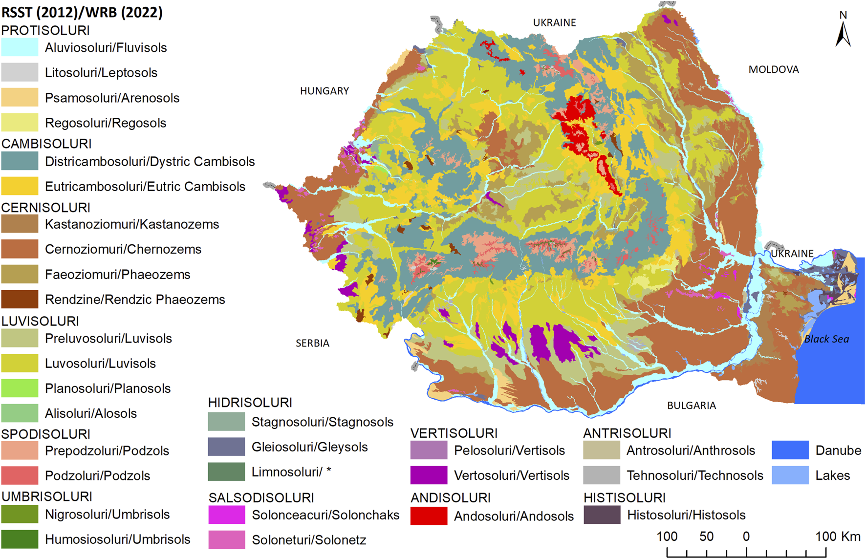 Map of Romania showing soil distribution according to RSST 2012 and WRB 2022 classifications. It includes diverse soil types like Leptosols, Cambisols, Chernozems, and Vertisols, illustrated with various colors. Borders with Hungary, Ukraine, Moldova, Serbia, and the Black Sea are marked. A key indicates soil types with corresponding colors.