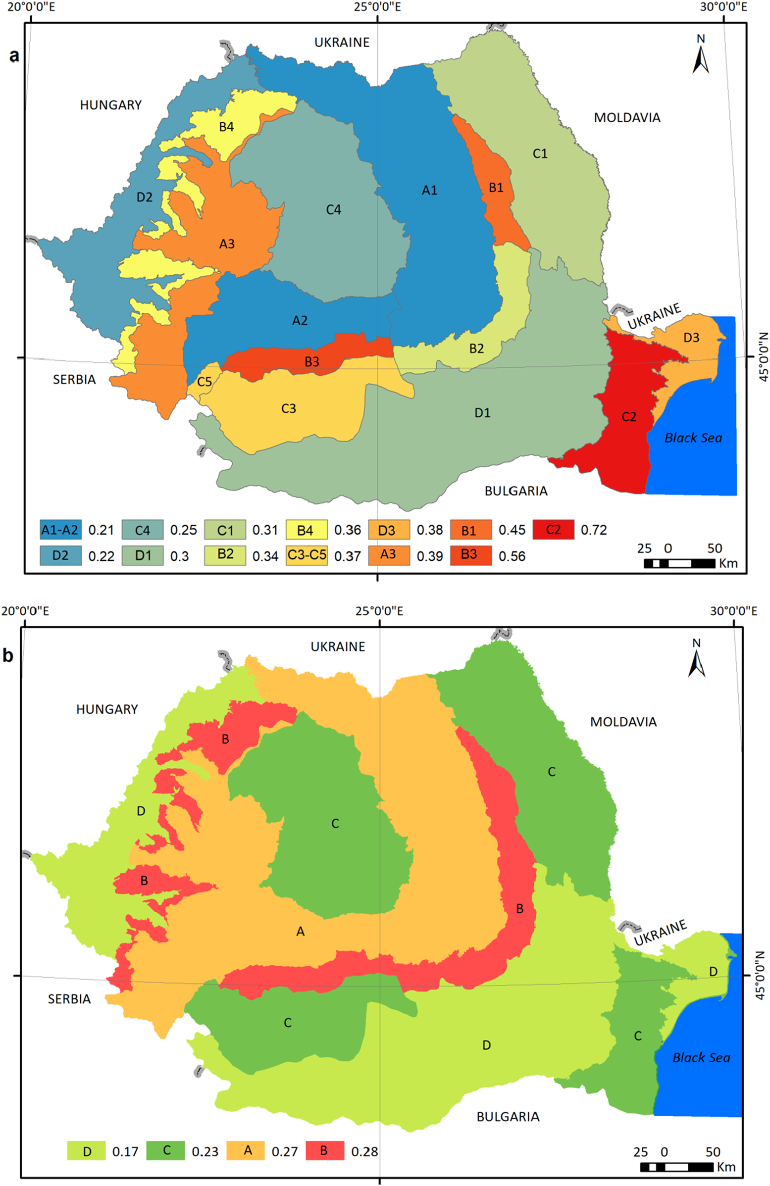 Map illustrations showing regional partitions of Romania with varying color codes and labels. The first map (a) includes regions marked as A1, A2, B1, B2, B3, etc., with corresponding numerical values on a legend. Neighboring countries like Hungary, Ukraine, Moldavia, Serbia, and Bulgaria are indicated. The second map (b) displays regions labeled as A, B, C, D, with a legend showing their numerical representations. The Black Sea is shown on the eastern border. Both maps include a north arrow and scale bar.