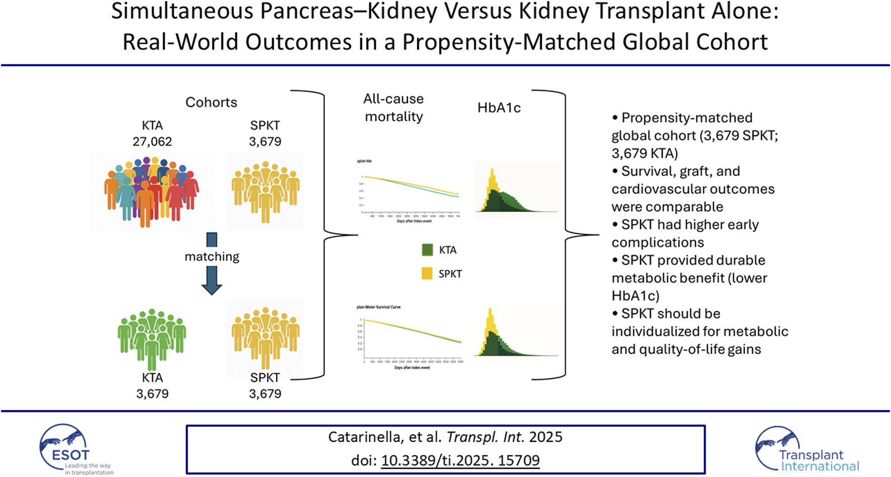 Cohort comparison graphic for simultaneous pancreas-kidney transplant (SPKT) versus kidney transplant alone (KTA) with 27,062 KTA and 3,679 SPKT patients. Propensity matching results in two equal cohorts of 3,679. Graphs show all-cause mortality and HbA1c outcomes, with SPKT providing a metabolic benefit but higher early complications. Survival, graft, and cardiovascular outcomes are comparable. SPKT should be individualized for metabolic and quality-of-life improvements. Published by Catarinella et al. in Transpl. Int. 2025. DOI is provided at the bottom.